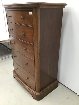 Lot 163 - Willis & Gambier cherrywood finished bowfront chest of five graduated drawers, matching dressing table and bedside chest of drawers together with a similar cherrywood  finished wardrobe