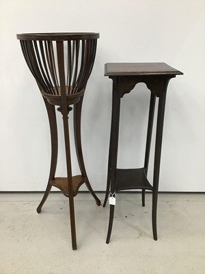 Lot 156 - Edwardian mahogany jardiniere stand, stamped numbers to the base of the jardiniere, 101cm high, together with a two tier jardiniere stand and a Georgian style mahogany bowfront chest, 91cm wide x 5...