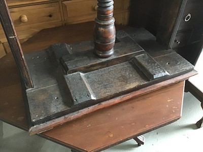 Lot 158 - Antique oak and fruitwood book press with turned wooden thread, approximately 86cm high