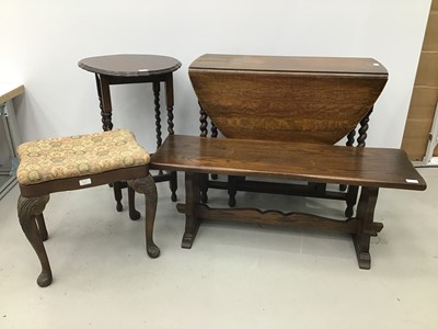 Lot 166 - Group of furniture to include an oak bench, 107cm wide x 41cm high x 34cm deep, 1930s oak oval gateleg dining table on barley twist legs, similar occasional table, Edwardian mahogany bureau and a d...