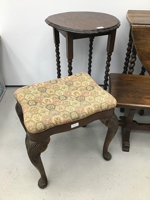 Lot 166 - Group of furniture to include an oak bench, 107cm wide x 41cm high x 34cm deep, 1930s oak oval gateleg dining table on barley twist legs, similar occasional table, Edwardian mahogany bureau and a d...