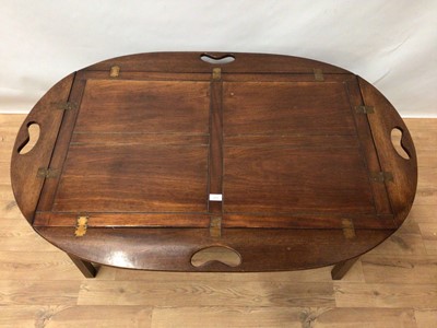 Lot 173 - Campaign style mahogany folding tray topped coffee table