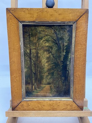 Lot 133 - Manner of Thomas Churchyard, oil on board, Avenue of Trees, 26cm x 17cm, in period bird’s eye maple frame