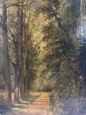 Lot 133 - Manner of Thomas Churchyard, oil on board, Avenue of Trees, 26cm x 17cm, in period bird’s eye maple frame