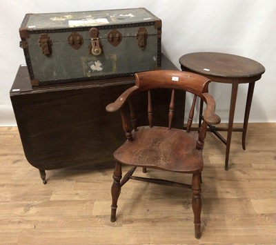 Lot 206 - Early 20th century beech and elm captains chair, together with  a 19th century drop leaf dining table,,Edwardian oval occasional table and travelling trunk
