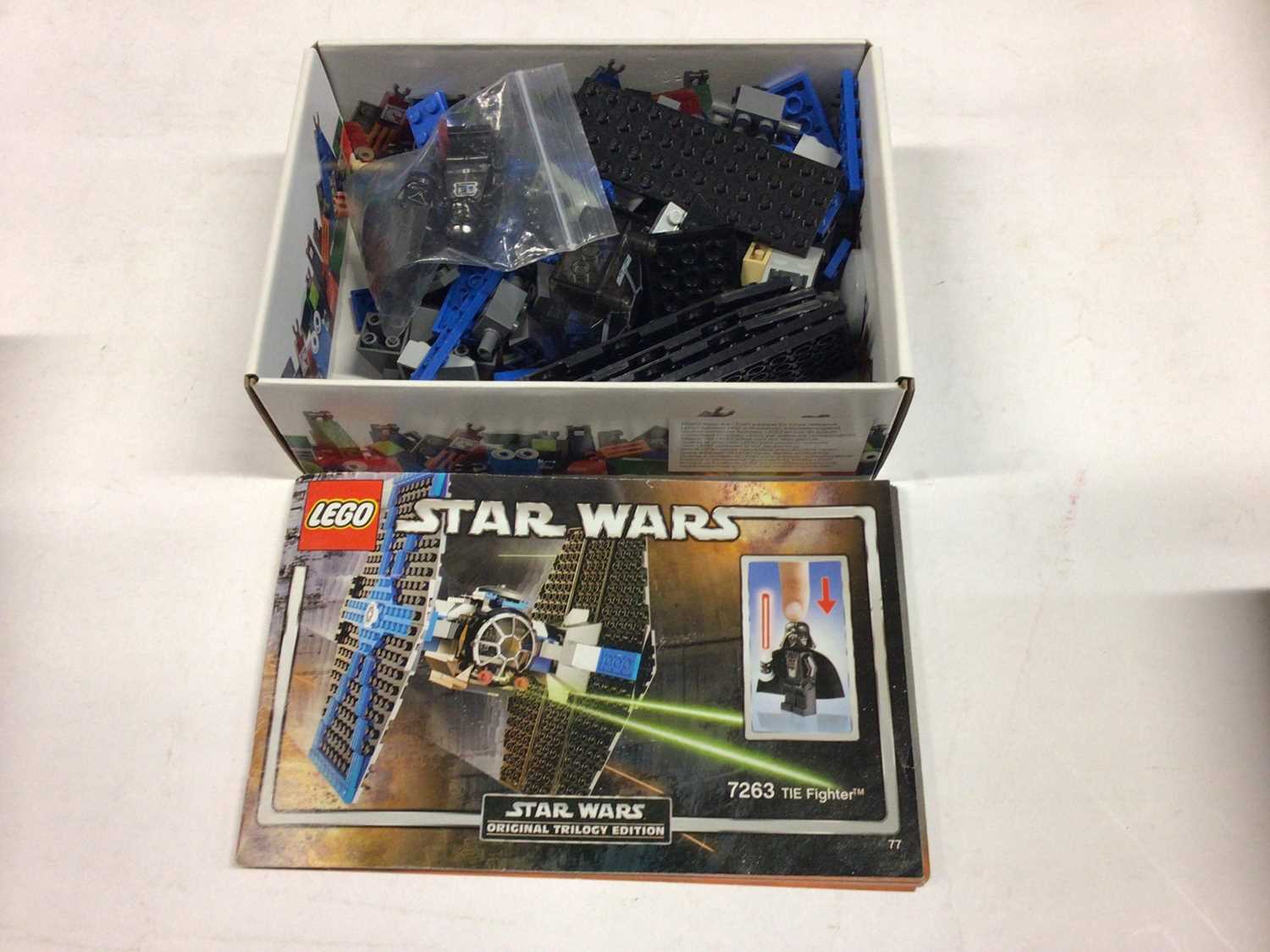 Lot 7 - Lego 7661 Jedi Starfighter, 7671 AT AP Walker, 7263 TIE Fighter with mini figs, 8017 Darth Vader TIE Fighter Ring with minifigs, all including instructions (except 7263 available on line), Not boxe...