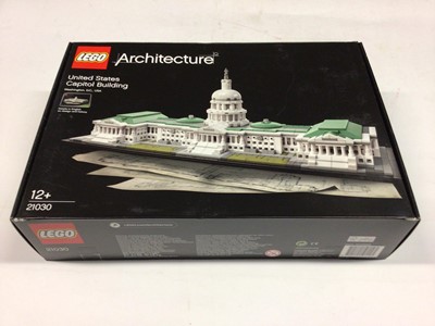 Lot 26 - Lego Architecture 21002 Empire State Building, 21022 Lincoln Memorial, 21041 Las Vegas, 21009 Farnsworth House, 21006 The White House, 21030 United States Capitol Building, with instructions, Boxed