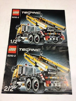Lot 65 - Lego 8292 Cherry Picker & Tipper, 8052 Skip Lorry, 8109 Flat Bed Lorry, 7998 Lorry & Trailer, all with instructions, no boxes