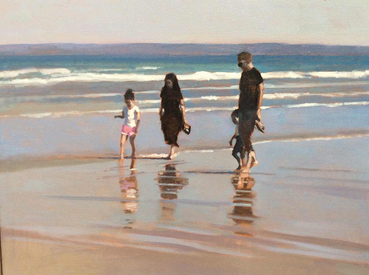 Lot 25 - Peter Z Phillips oil on canvas- family walking along the foreshore on a sunny day, signed and dated ‘20, in silvered frame, 39cm x 49cm