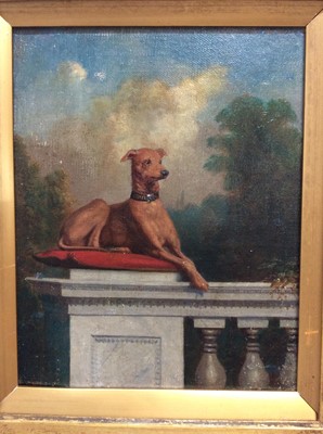 Lot 27 - 19th century English School oil on canvas- greyhound seated on cushion on a balustrade with gardens beyond, in gilt frame, 25cm x 19cm
