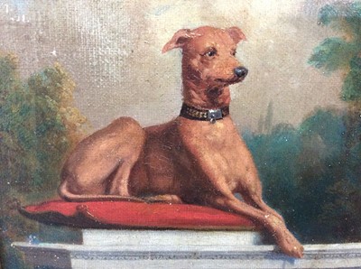Lot 27 - 19th century English School oil on canvas- greyhound seated on cushion on a balustrade with gardens beyond, in gilt frame, 25cm x 19cm