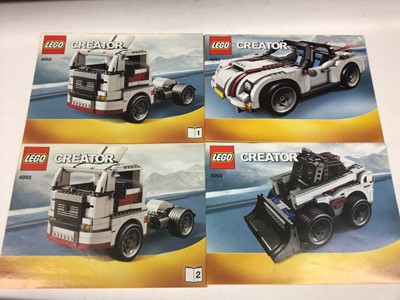 Lot 79 - Lego 8448 Super Street Car (incomplete) with instructions available on line, 8436 Race Truck, 4993 Convertible Cool Car, 8272 Snowmobile with instructions, no boxes