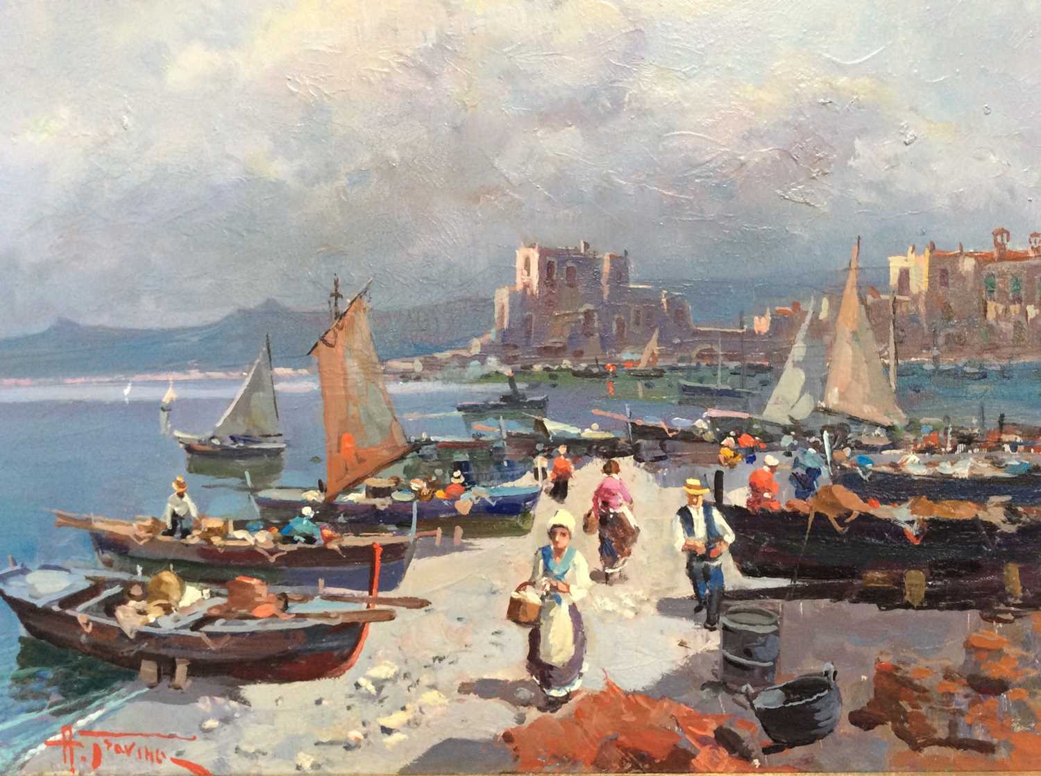 Lot 28 - Antonio Gravina (b. 1934) oil on canvas- On the beach, Sorrento, signed and inscribed verso, framed, 40cm x 50cm