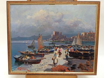 Lot 28 - Antonio Gravina (b. 1934) oil on canvas- On the beach, Sorrento, signed and inscribed verso, framed, 40cm x 50cm