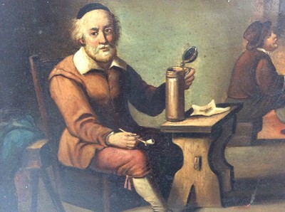 Lot 29 - 19th century Dutch School oil on metal panel- Seated man with his pipe and beer at an inn, framed, 17cm x 20cm