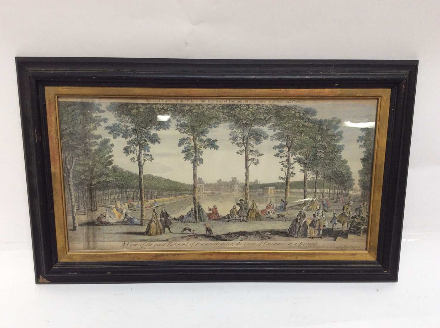 Lot 64 - 18th century John Tinney hand coloured engraving- A View of the great Fish-pond of Fontainebleau & of the Court of Fountains at a Distance and one other engraving- Architecture, both framed
