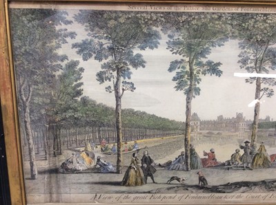 Lot 64 - 18th century John Tinney hand coloured engraving- A View of the great Fish-pond of Fontainebleau & of the Court of Fountains at a Distance and one other engraving- Architecture, both framed