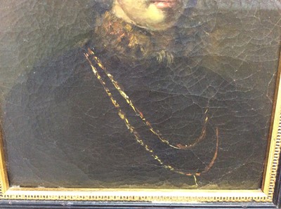 Lot 94 - 19th century After Rembrandt oil on canvas laid on board- portrait of a gentleman, framed, 24cm x 19cm