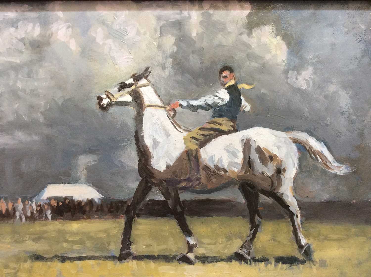 Lot 96 - Manner of Alfred J. Munnings oil on board- stable boy on a grey hunter with crowd beyond, in black frame, 14cm x 20cm