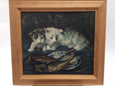 Lot 97 - Early 20th century English School oil on board- two kittens with plate of fish, indistinctly signed, in pine frame, 37cm x 42cm