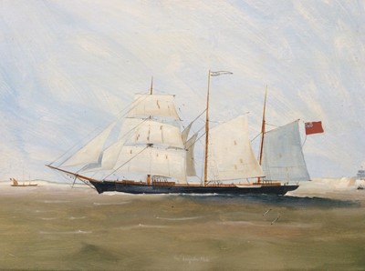 Lot 99 - Mid 20th century English School oil on board- The barquetine Meda under full sail, in black and gilt frame, 38cm x 50cm