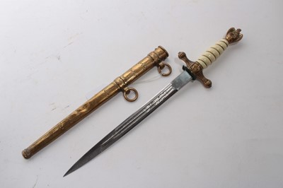 Lot 902 - Nazi Kreigsmarine Dress Dagger with etched polished steel blade by Carl Eickhorn, wire bound cream celluloid grip, in brass scabbard.