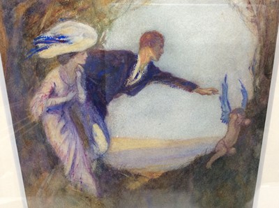Lot 155 - Claude Allin Shepperson (1867-1921) mixed media on paper - a couple and a cherubic figure, signed, in glazed gilt frame, 21cm x 20cm, overall framed size 37cm x 34cm