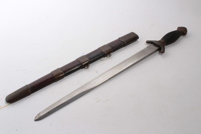 Lot 922 - Chinese Jian sword with brass mounts, reeded wood grip, straight double-edged blade in wood scabbard with brass mounts, 58.5cm overall