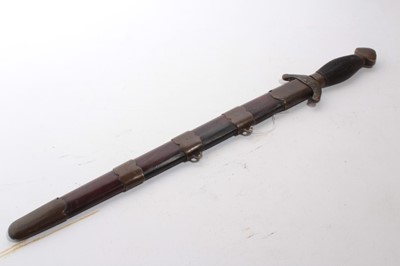 Lot 922 - Chinese Jian sword with brass mounts, reeded wood grip, straight double-edged blade in wood scabbard with brass mounts, 58.5cm overall