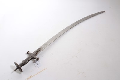 Lot 924 - 19th century Indian Tulwar with disc pommel and curved blade in leather scabbard, 88cm overall