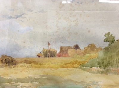 Lot 165 - Thomas Pyne (1843 - 1935) watercolour- The Stackyard at Dedham Hall Farm from the River Stour