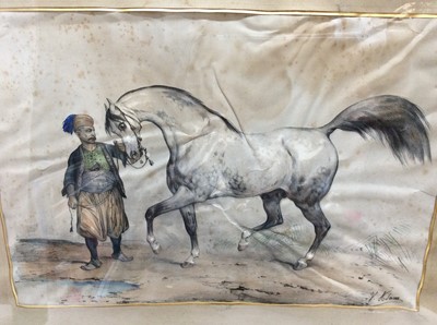 Lot 167 - After V. Asam, 19th century hand tinted print of an Arabian grey horse and groom, in mount entitled Arlequin, in glazed frame