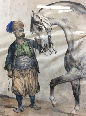 Lot 167 - After V. Asam, 19th century hand tinted print of an Arabian grey horse and groom, in mount entitled Arlequin, in glazed frame