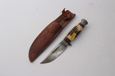 Lot 942 - British Hunting knife with horn grip and steel blade by W.H. Fagan & Son, in leather sheath, together with a British military issue cooks knife dated 1965, a bayonet and replica antique dagger (4)