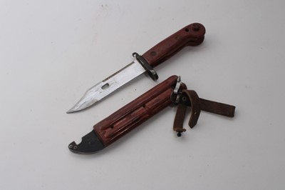 Lot 942 - British Hunting knife with horn grip and steel blade by W.H. Fagan & Son, in leather sheath, together with a British military issue cooks knife dated 1965, a bayonet and replica antique dagger (4)