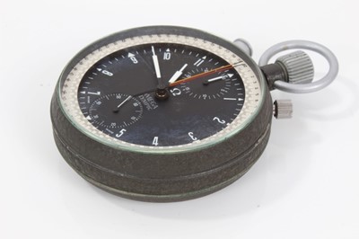 Lot 361 - Rare 1960s Omega Olympic timekeeper's stopwatch with twelve hour dial, subsidiary seconds, minutes and split seconds, in circular case with matte green textured finish. 65mm diameter, with Omega bo...