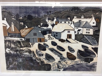 Lot 157 - *Graham Clarke (b.1941) signed limited edition linocut - Cadgwith, 34/50, in glazed frame, 49cm x 74cm and overall frame size 64.5cm x 100cm