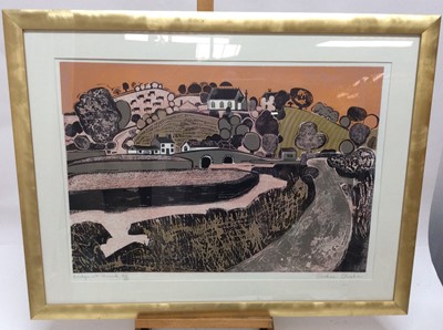 Lot 158 - *Graham Clarke (b.1941) signed limited edition linocut - Bridge at Gweek, 43/50, in glazed frame, 48cm x 67cm and overall frame size 66.5cm x 86.5cm