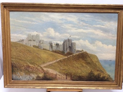 Lot 171 - 19th century, English School, oil on canvas - a coastal castle, in gilt frame, 60cm x 90cm, framed size 73cm x 104cm