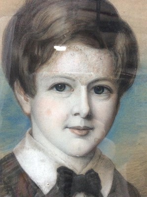 Lot 173 - Victorian English School pastel and charcoal - portrait of a young boy in black coat and bow tie, in rosewood frame, 57cm x 44cm, framed size 65cm x 53cm
