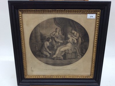 Lot 174 - After Angelica Kauffman, antique black and white engraving - 'Cleopartra, Prepareing To Meet Mark Anthony', in gilt and ebonised frame, 33.5cm x 35cm, framed size 44cm x 45cm