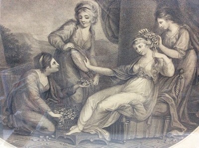 Lot 174 - After Angelica Kauffman, antique black and white engraving - 'Cleopartra, Prepareing To Meet Mark Anthony', in gilt and ebonised frame, 33.5cm x 35cm, framed size 44cm x 45cm