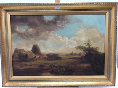 Lot 214 - English School, 19th century - View of harvesters, with Ipswich in the distance
