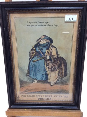 Lot 175 - William Heath, early 19th century hand-coloured etching - 'The Guard Wot Looks After The Sovereign', published by McLean 1829, in Hogarth frame, 35cm x 23.5cm, framed size 41cm x 30cm