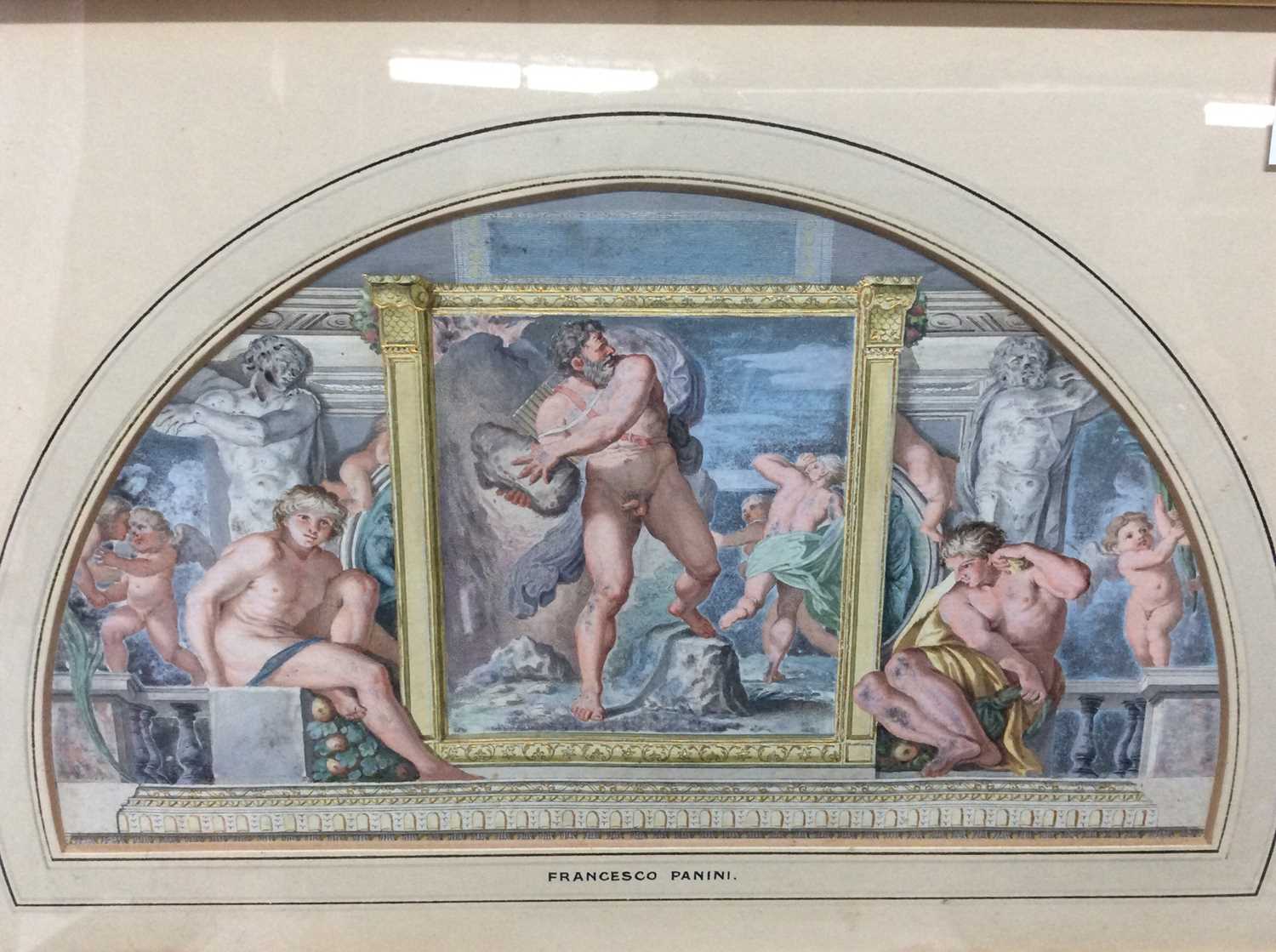 Lot 178 - Francesco Panini, trio of antique hand-coloured and gilded engravings - Classical Friezes, in decorative mounts and gilt and oak frames, 14.5cm x 26cm and 7.5cm x 17.5cm