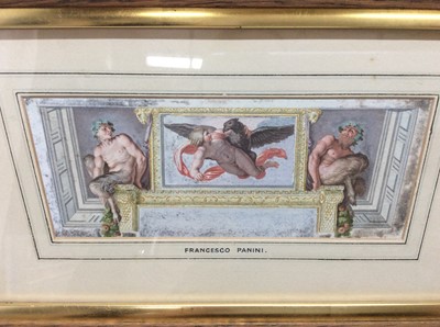 Lot 178 - Francesco Panini, trio of antique hand-coloured and gilded engravings - Classical Friezes, in decorative mounts and gilt and oak frames, 14.5cm x 26cm and 7.5cm x 17.5cm