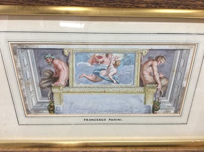 Lot 178 - Francesco Panini, trio of antique hand-coloured and gilded engravings - Classical Friezes, in decorative mounts and gilt and oak frames, 14.5cm x 26cm and 7.5cm x 17.5cm