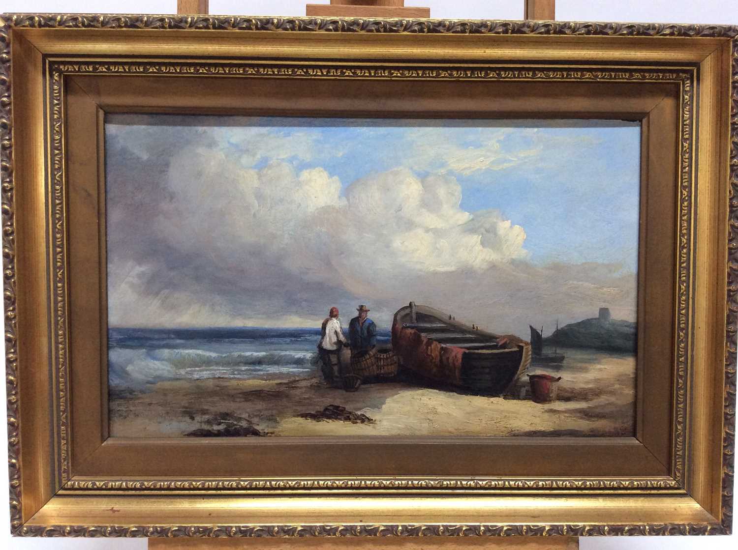 Lot 179 - William Collins, oil on board - fisherfolk on the shore, signed, in gilt frame, 24cm x 39cm