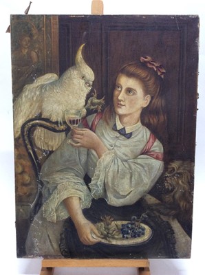 Lot 181 - Early 20th century English School oil on canvas - a girl with her pet cockatoo and terrier, unframed, 69cm x 51cm