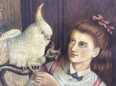 Lot 181 - Early 20th century English School oil on canvas - a girl with her pet cockatoo and terrier, unframed, 69cm x 51cm